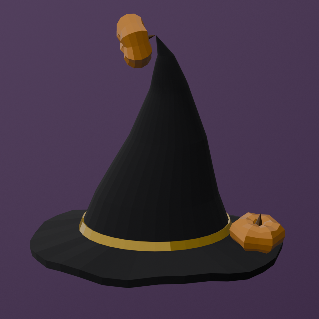 low-poly black witch hat with a gold brim and pumpkins