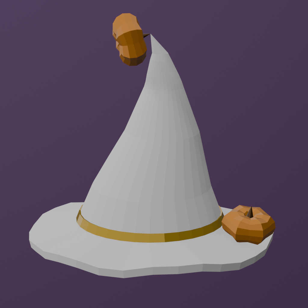 low-poly white witch hat with a gold brim and pumpkins